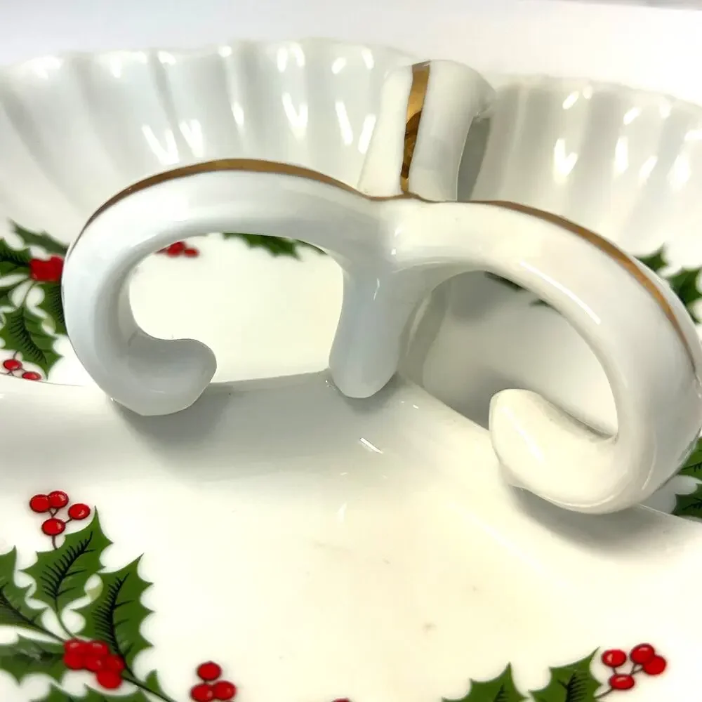 Vintage Mogi Porcelain Divided Tidbit Christmas Dish Made in Japan Holly Berries